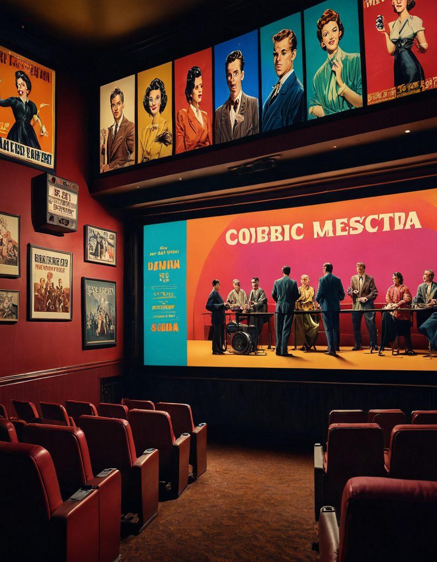 An artistic blend of film reels and a movie theater scene with a vibrant, colorful backdrop. Include a film critic analyzing a trailer on a vintage projector, surrounded by various film posters and rating stars floating in the air. Capture the essence of engaging film commentary with dynamic facial expressions and film-related icons. super-realistic. vibrant colors. cinematic style.