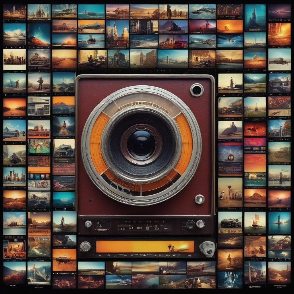 A captivating blend of vintage film reels and modern digital screens showcasing iconic movie scenes, with a timeline graph tracing the evolution of cinematic history. Vivid colors of movie posters and trailers bursting from the background, surrounded by a collage of diverse film genres and cultures. The atmosphere has a nostalgic yet futuristic feel, inviting viewers into the rich world of film. super-realistic. vibrant colors. 3D.